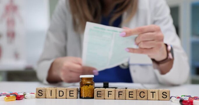 Wooden cubes spell Side Effects stressing risks of medication use. Prescription sheet in doctor hand and pill bottle highlight drug reaction awareness