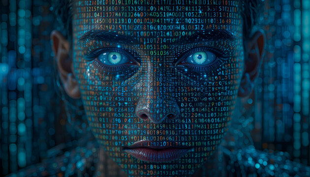 Futuristic digital face with glowing eyes and binary code skin for technology concepts - Powered by Adobe