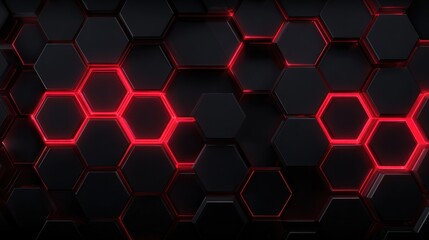 High definition photo of modern Dark hexagonal carbon fiber with red luminous lines and highlights background.AI generated image.