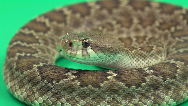 Diamondback Rattlesnake Coiled on Vibrant Green Background with Detailed Scales