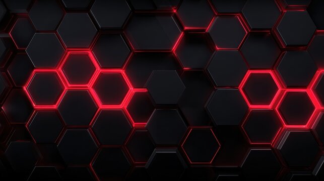 High definition photo of modern Dark hexagonal carbon fiber with red luminous lines and highlights background.AI generated image.