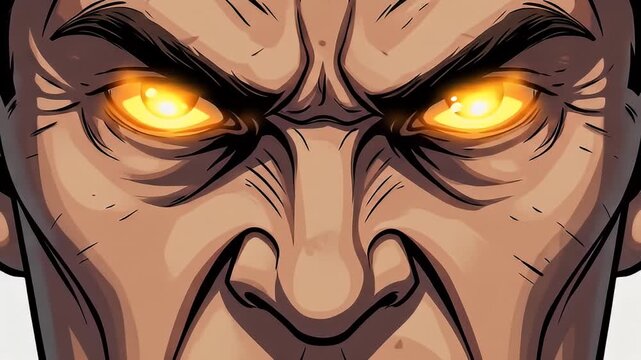 Intense close-up of a furrowed brow with glowing orange eyes in a comic art style