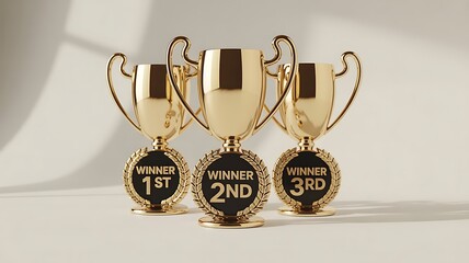  3 together golden trophy with a brown base, standing on a white background, Goal achievement concept, Three trophy cups on a rostrum, created with generative ai