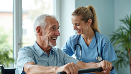 Smiling elderly Caucasian man in wheelchair receives physical therapy from caring female nurse. Interact positively during rehabilitation session, showing teamwork, encouragement for recovery,