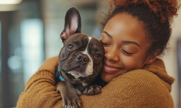 Happy mixed-race woman cuddling her French Bulldog in the office. Candid black female colleague hugging her dog in the workplace. Celebrating "Bring Your Pet to Work" day, Generative AI
