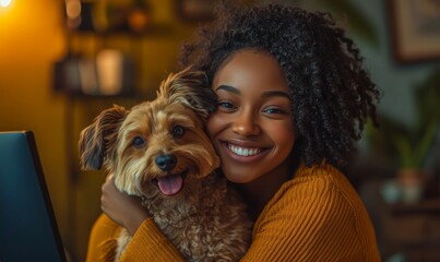 Happy mixed-race woman cuddling her dog at a computer desk. Black female digital nomad hugging her pet dog at home by her computer. Celebrating "Bring Your Pet to Work" day, Generative AI