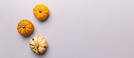 Autumn composition of little orange pumpkins on colored table background. Fall, Halloween and...