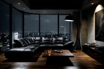 Luxury Modern Night City Apartment Living Room With Dark Furnishing