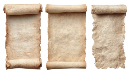 Three antique scrolls, light beige/tan color, rolled, showing aged, worn texture and uneven edges