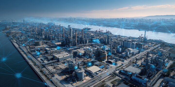 Industrial complex aerial view with network overlay