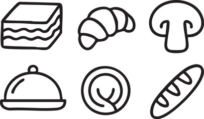 A set of six minimalist, hand-drawn food icons including a croissant, mushroom, bread, and serving cloche.
