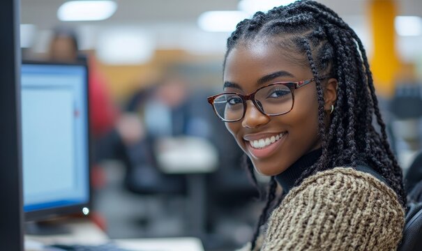 Inclusive image of a disabled young black office worker in a wheelchair smiling while working at a computer in a diverse, accessible workplace environment, Generative AI