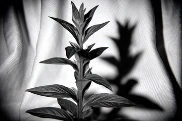 Black and white plant with shadow on draped fabric