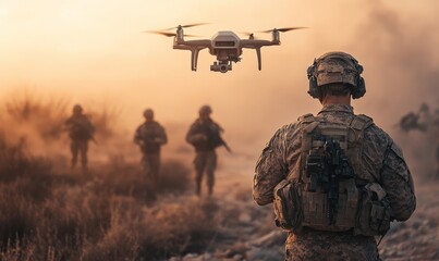 Drones hovering above soldiers on a battlefield, symbolizing the intersection of technology and military tactics. The scene illustrates the role of unmanned aerial vehicles in modern, Generative AI