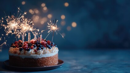 Birthday cake with sparklers and berries