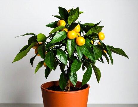 A potted Calamondin orange tree with glossy green leaves and clusters of ripe orange fruits - Powered by Adobe