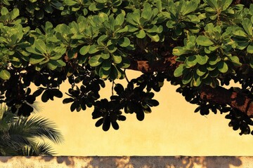 Lush green leaves of a tree overhang a pale yellow wall