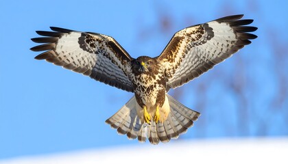 Fototapeta premium A hawk in flight against a bright blue sky, snow below