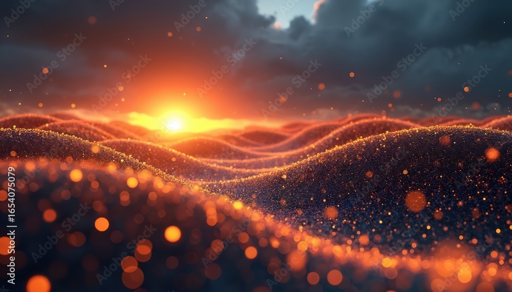 Aufkleber abstract 3d render illustrates a digital network concept with a sunrise sky over illuminated, undula
