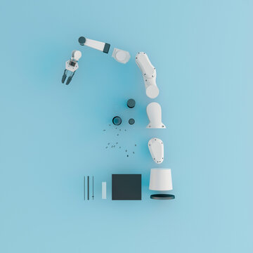 Robotic arm components arranged in order on blue background 3D render