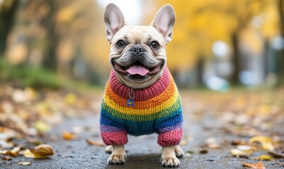 Happy French Bulldog wearing a knitted rainbow jumper during a dog walk. Smiling pet dog celebrating Pride Month, Generative AI