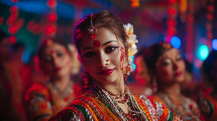 Fototapeta premium Colorful multicultural cultural festival with African dancers Indian bindi and European folk costumes in lively celebration