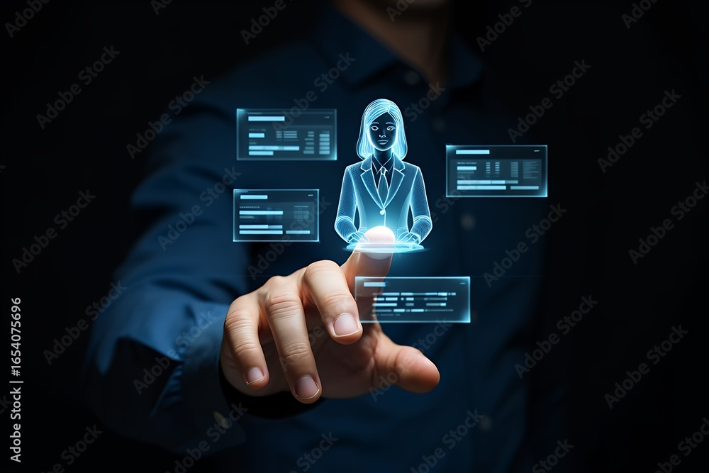 Fototapete user managing crm data through a futuristic artificial intelligence gui