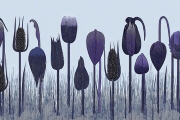 Silhouette of dark-purple seed pods against pale sky
