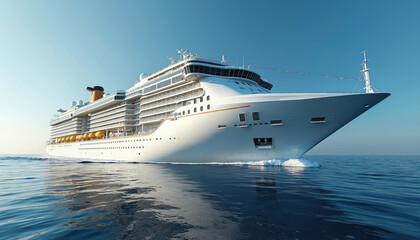Massive white luxury cruise liner travels across calm blue ocean under clear sky. Grand passenger vessel with multiple decks sails on tranquil sea, indicating journey for vacationers seeking