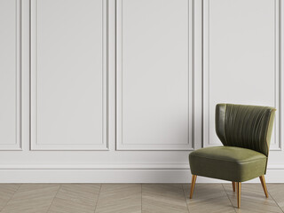 Armchair in art deco style in classic interior with copy space.White walls with mouldings. Floor parquet herringbone.Digital Illustration.3d rendering