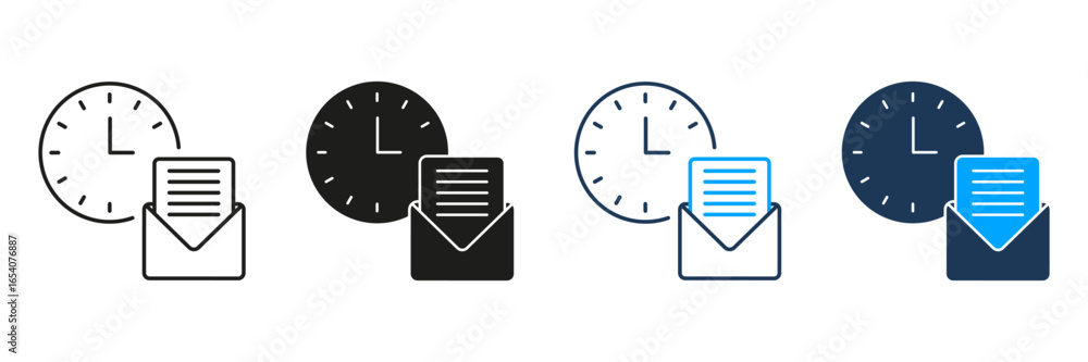 Poster clock and email line and solid icon set. scheduled email delivery and time management symbol collect