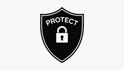 A black shield with a white outline containing the word protect and a white padlock symbol inside