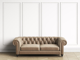 Classic tufted sofa  in classic interior with copy space.White walls with mouldings. Floor parquet herringbone.Digital Illustration.3d rendering