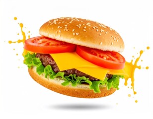 Photorealistic Oversized Burger with Melting Cheese Tomato Slices and Lettuce on a White Background