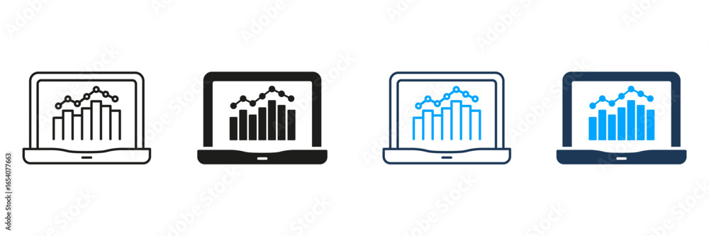 Poster laptop with graphs line and solid icon set. data analysis, business analytics, and financial reporti