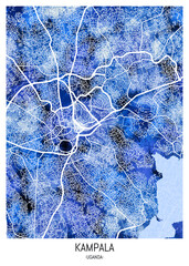 Kampala Uganda City Map. Watercolor art downtown tourism, house art travel, scenic metropolis concept, travel art city, patriotic abstract banner, view office street