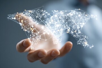Hand holding a digital world map