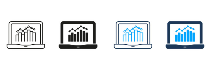 Laptop With Graphs Line And Solid Icon Set. Data Analysis, Business Analytics, And Financial Reporting Symbol Collection. Visual Representation Of Statistics. Isolated Vector Illustration