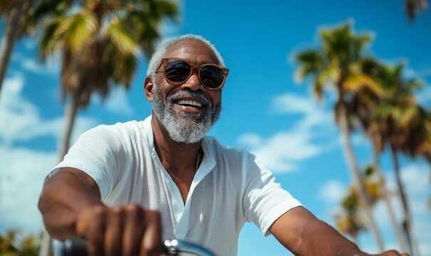 Happy candid senior black man cycling during a vacation. Smiling elderly African American pensioner staying fit and active outdoors on a pedal bike with palm trees, Generative AI - Powered by Adobe