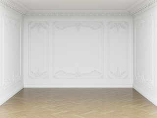 Classic interior empty room.Walls with mouldings and ornated cornice.Floor parquet...