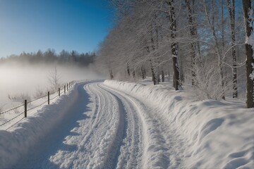 Obraz premium Snowy Road Through a Winter Forest with Foggy Horizon