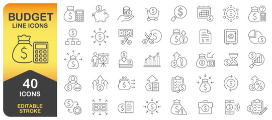 Budget and Money Line Icon Set. Editable Stroke Line . Personal Budget Finance Thin Line Icon Collection. Budget, Savings, Expense, Income, Loan, Dollar. Isolated Vector Illustration Image.
