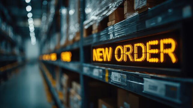 A warehouse scene featuring illuminated signage for "NEW ORDER," highlighting an organized storage area filled with boxes.