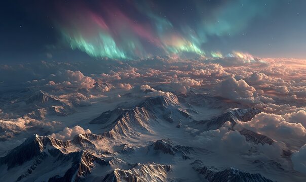 Vast arctic snowfield illuminated by vibrant aurora borealis under a dark night sky with dramatic mountain landscape