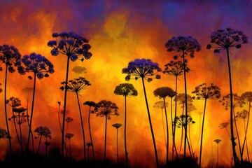 Silhouetted plants against a fiery sunset