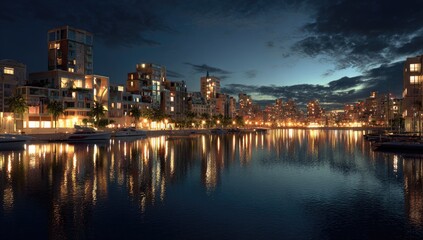 Obraz premium Cityscape at night reflecting on calm water
