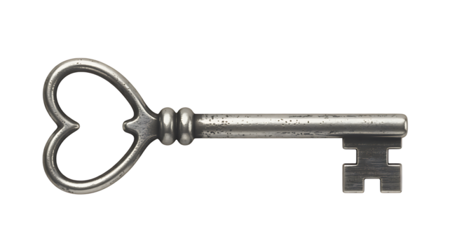 Antique Silver Key with Heart Shaped Handle Isolated on Black Background Symbolizing Access Love Security and Vintage Style Design Element - Powered by Adobe