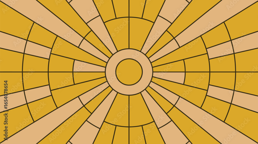 Poster a yellow and beige sunburst pattern with a central circle and radiating lines and shapes design