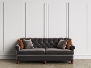 Classic tufted sofa  in classic interior with copy space.White walls with mouldings. Floor parquet herringbone.Digital Illustration.3d rendering