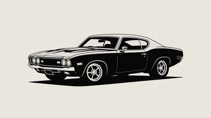 A black and white illustration of a classic muscle car with detailed features and a sleek design